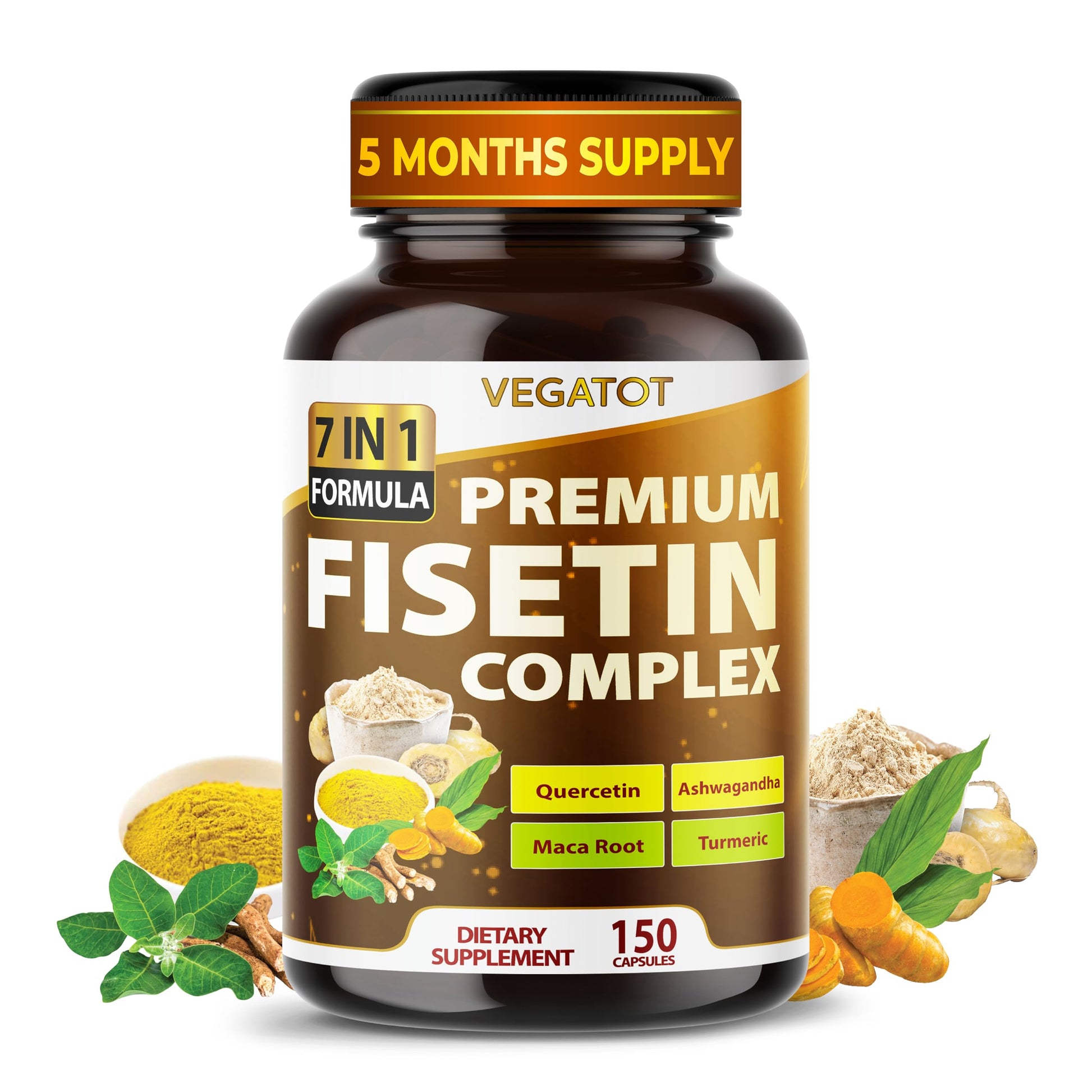 VEGATOT Organic Fisetin Complex 7-in-1 Formula with Quercetin, Resveratrol, Ashwagandha, Maca Root, Turmeric, Black Pepper Capsules, 150 Count