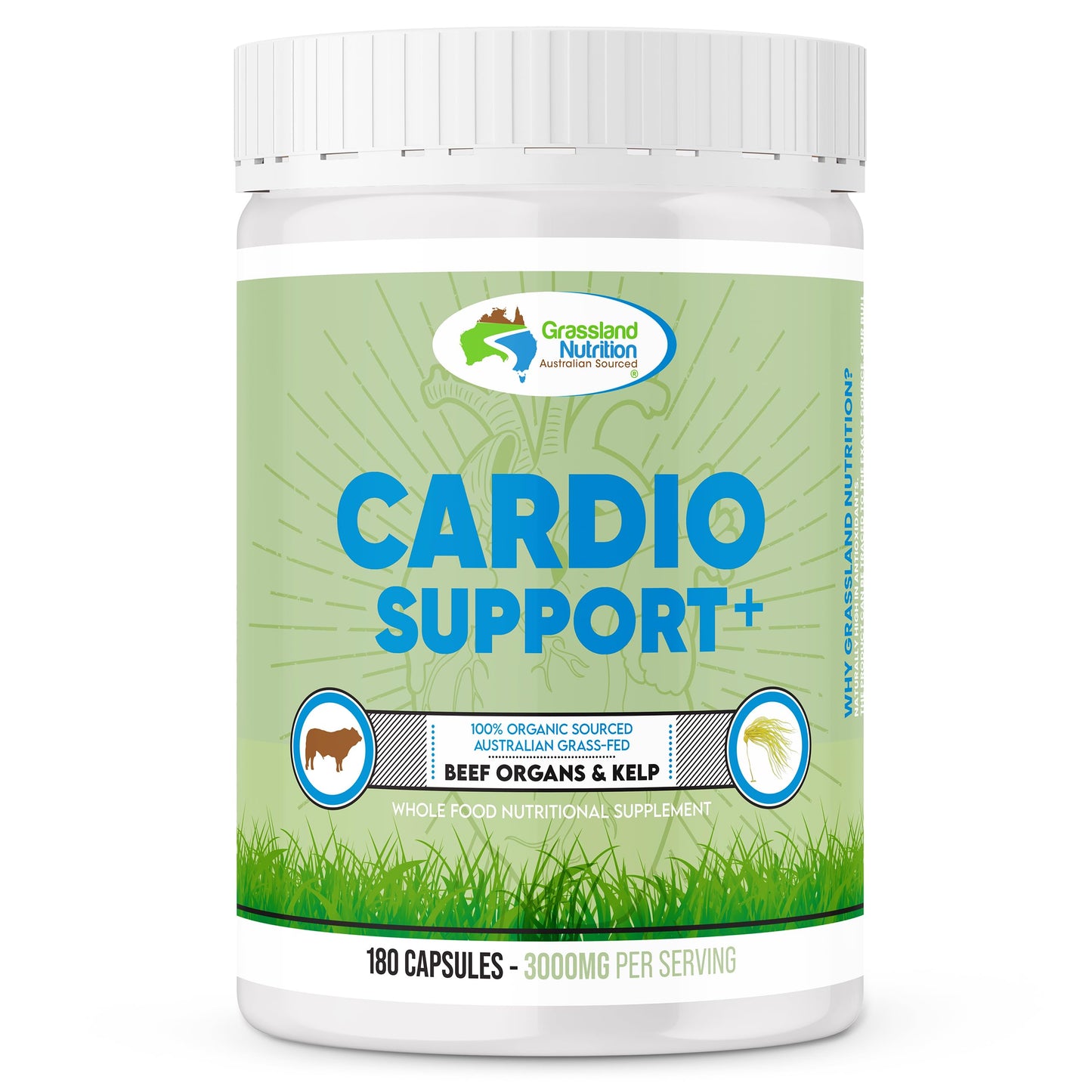 Grassland Nutrition Cardio Support Beef Organ Blend with CoQ10, B12, Iodine, 180 Capsules