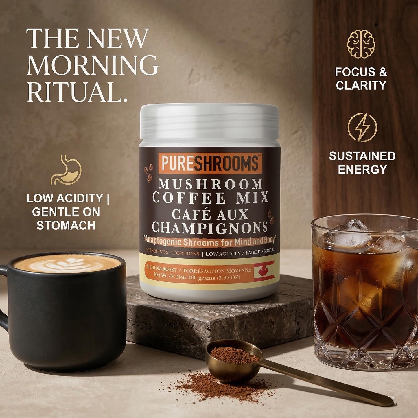 PureShrooms Instant Mushroom Coffee with Organic Lion’s Mane, Reishi & Cordyceps Powder, 3.53 oz