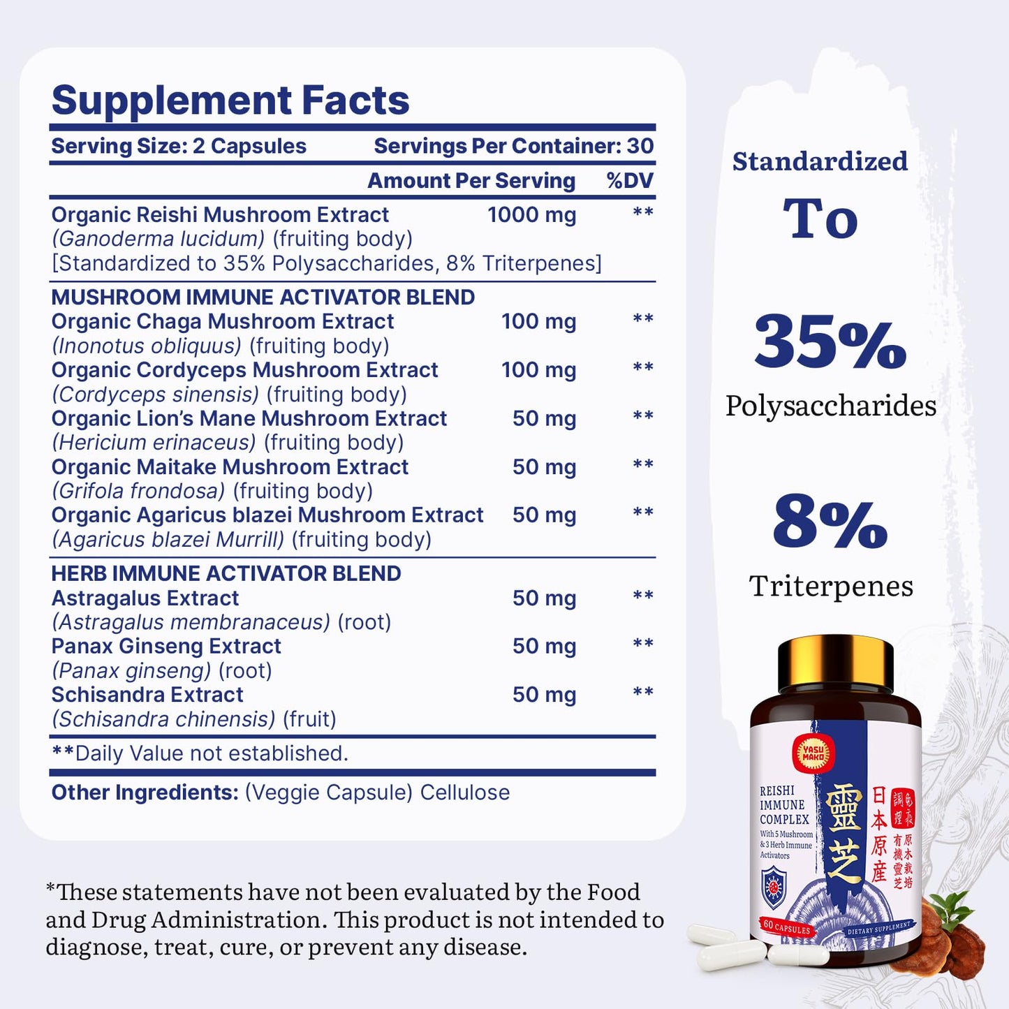 Yasumako Japanese Reishi Mushroom Complex Supplement 1500mg - Reishi, Chaga, Cordyceps, Lion's Mane, Maitake, Agaricus Mushrooms Extract & 3 Herb, Organic Mushroom Capsules, 120 Capsules