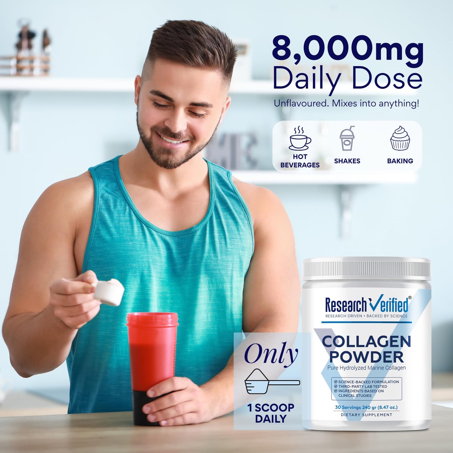 Research Verified Collagen Powder - Hydrolyzed Marine Collagen Peptides - Unflavored - Skin Hydration and Elasticity, Muscle Recovery, Non GMO, 8.47 Ounce