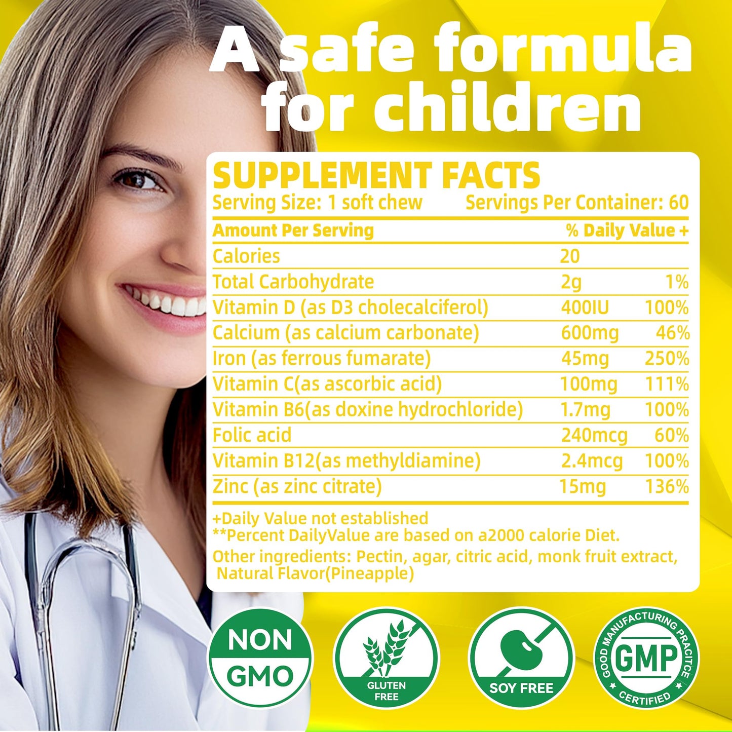 Allcoovita Iron Soft Chews Supplement with Vitamin C, 60 Count
