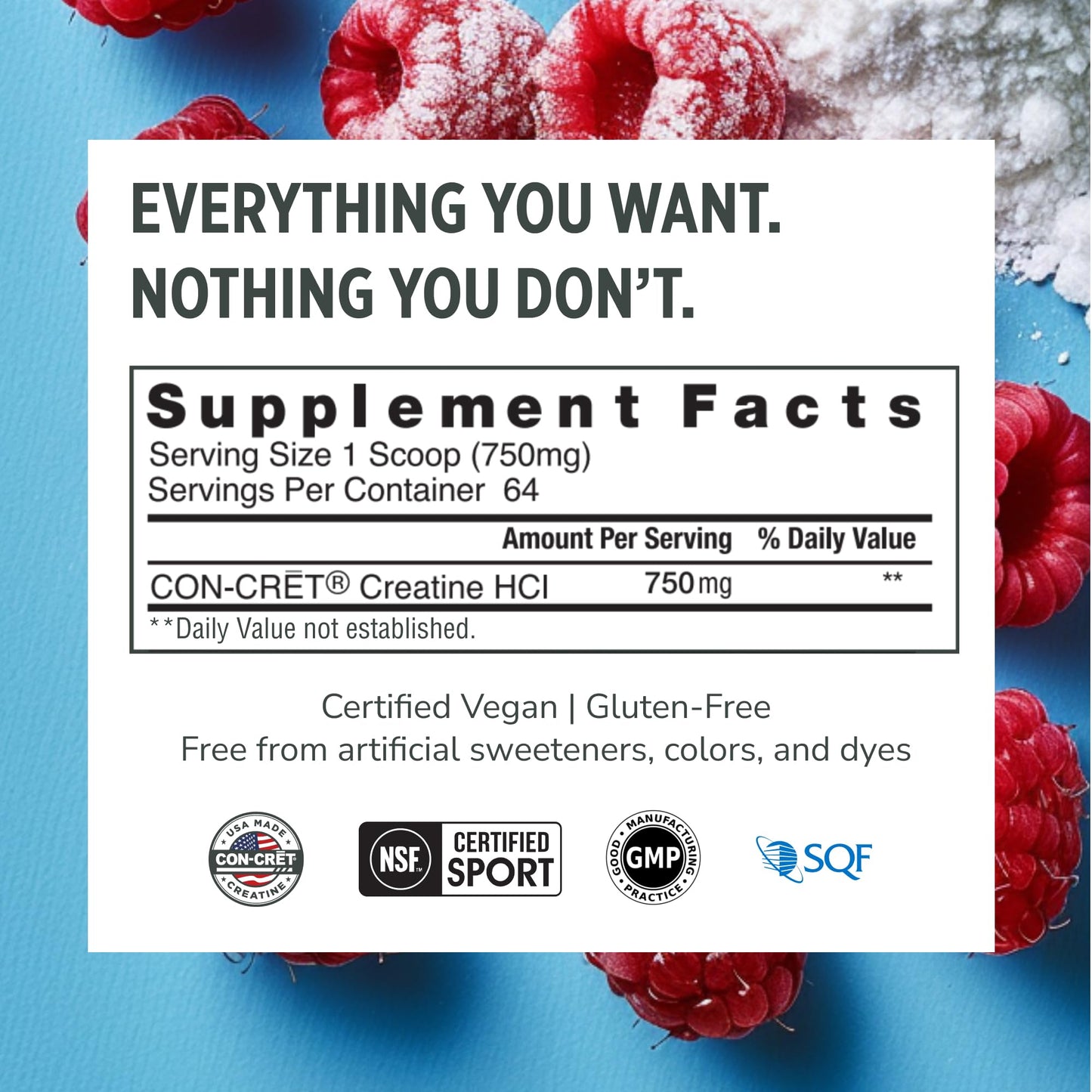CON-CRET Creatine HCl Powder for Women and Men, Raspberry, 64 Servings