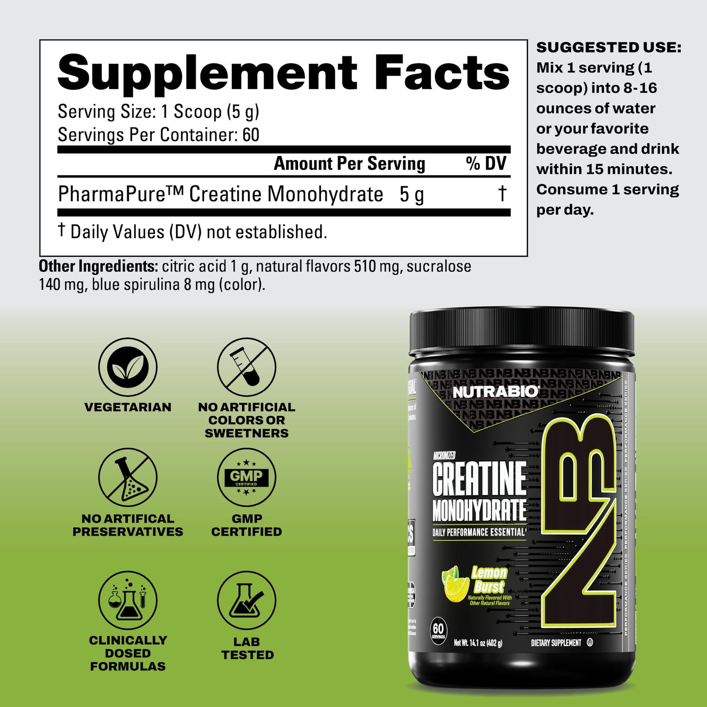 NutraBio Pure Micronized Creatine Monohydrate Powder Lemon Burst, 300 g, 14.24