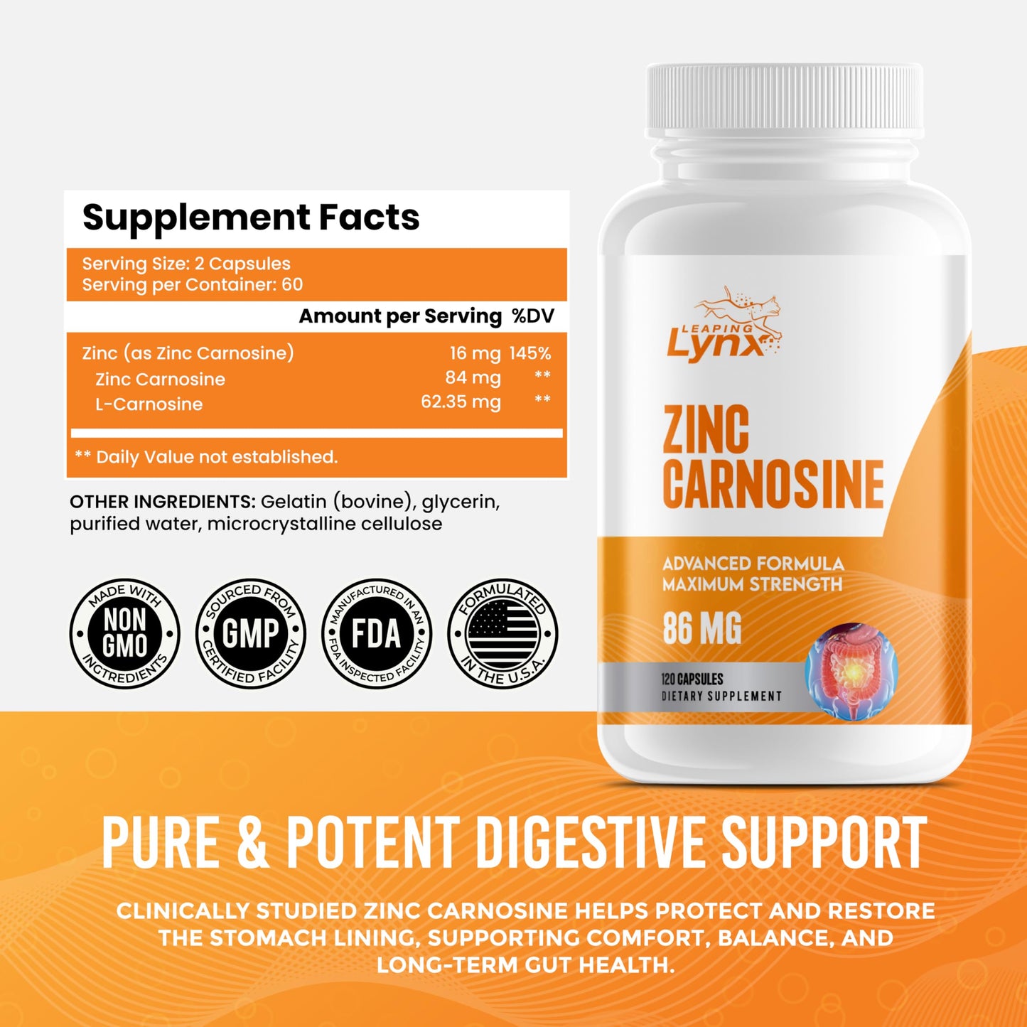 Leaping Lynx Zinc Carnosine 86 mg – Clinically Studied Zinc + L-Carnosine Complex for Gut Lining & Stomach Support Capsule, 120 Count