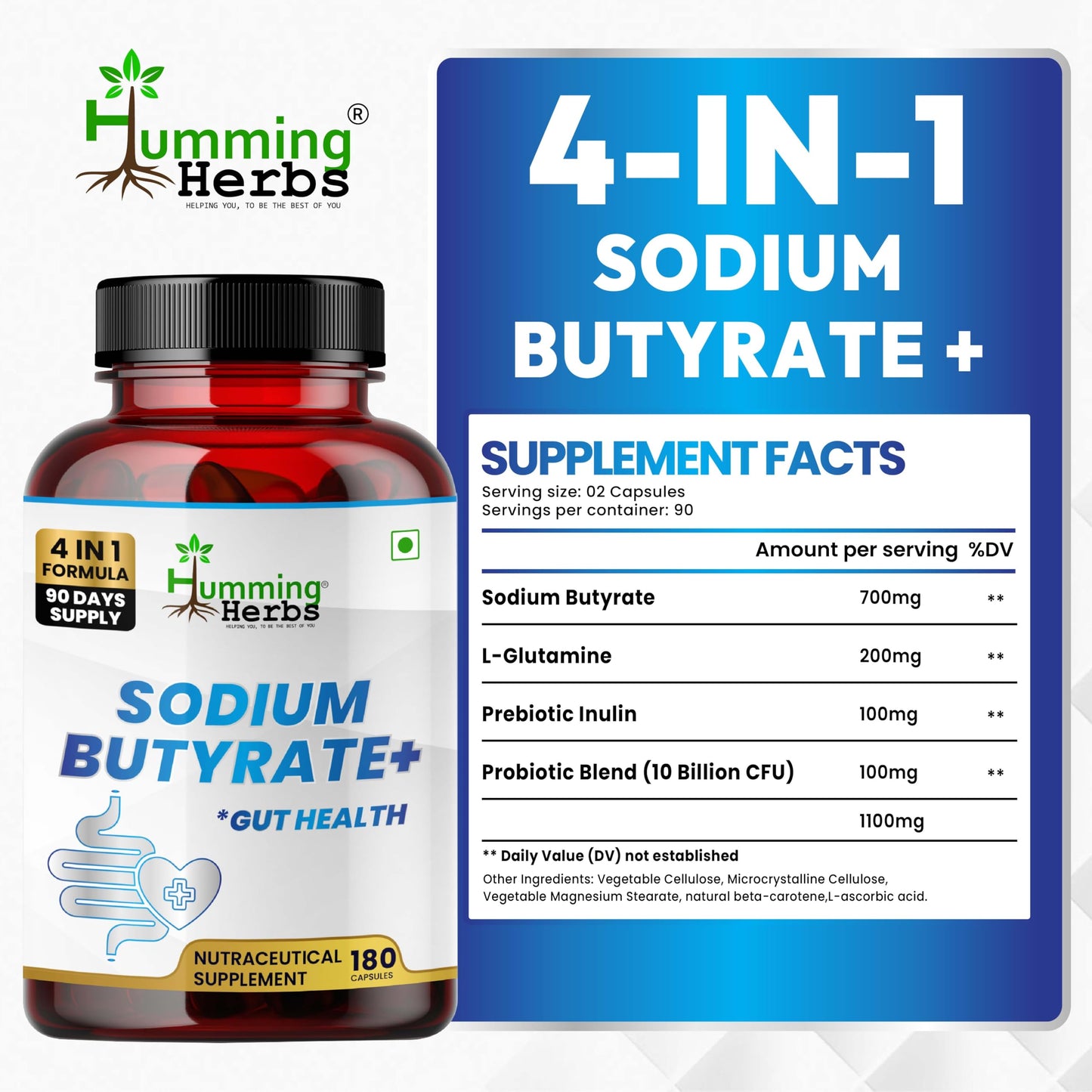 Humming Herbs Sodium Butyrate Capsules 4-in-1 Digestive Support with L-Glutamine + Prebiotic Inulin + Probiotic Blend (10 Billion CFU) Vegetarian, 180 Capsules