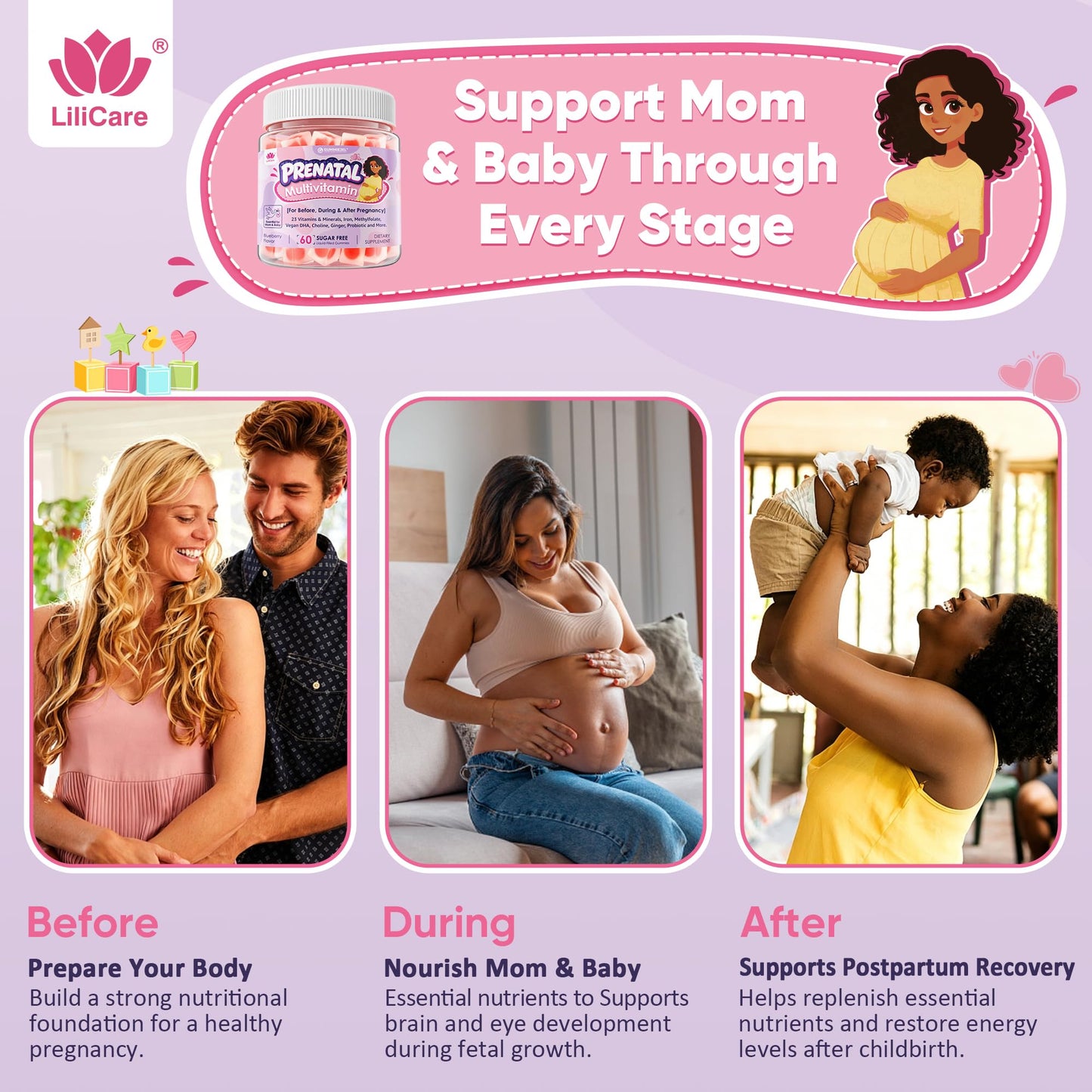 LILICARE Prenatal Multivitamin Gummies, 60 Count