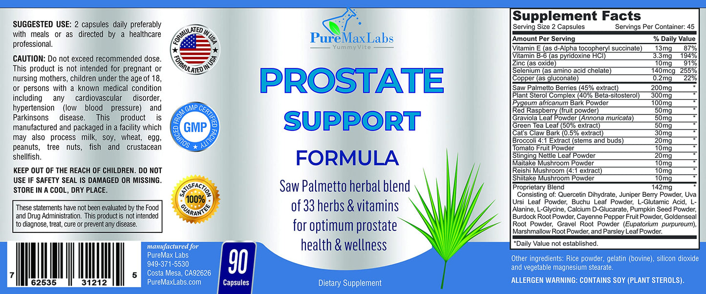 YUMMYVITE Prostate Support Formula for Men - Saw Palmetto, Plant Sterol, 33 Herbs, DHT Blocker, Bladder Control Prostate Supplement, 90 Capsules
