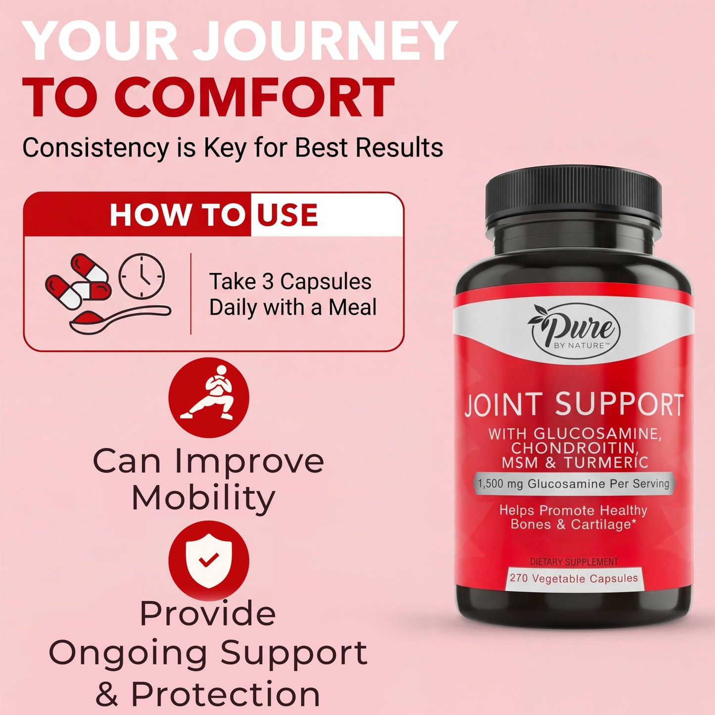 Pure By Nature Joint Support Glucosamine with Chondroitin Turmeric MSM Boswellia, 270 Capsules
