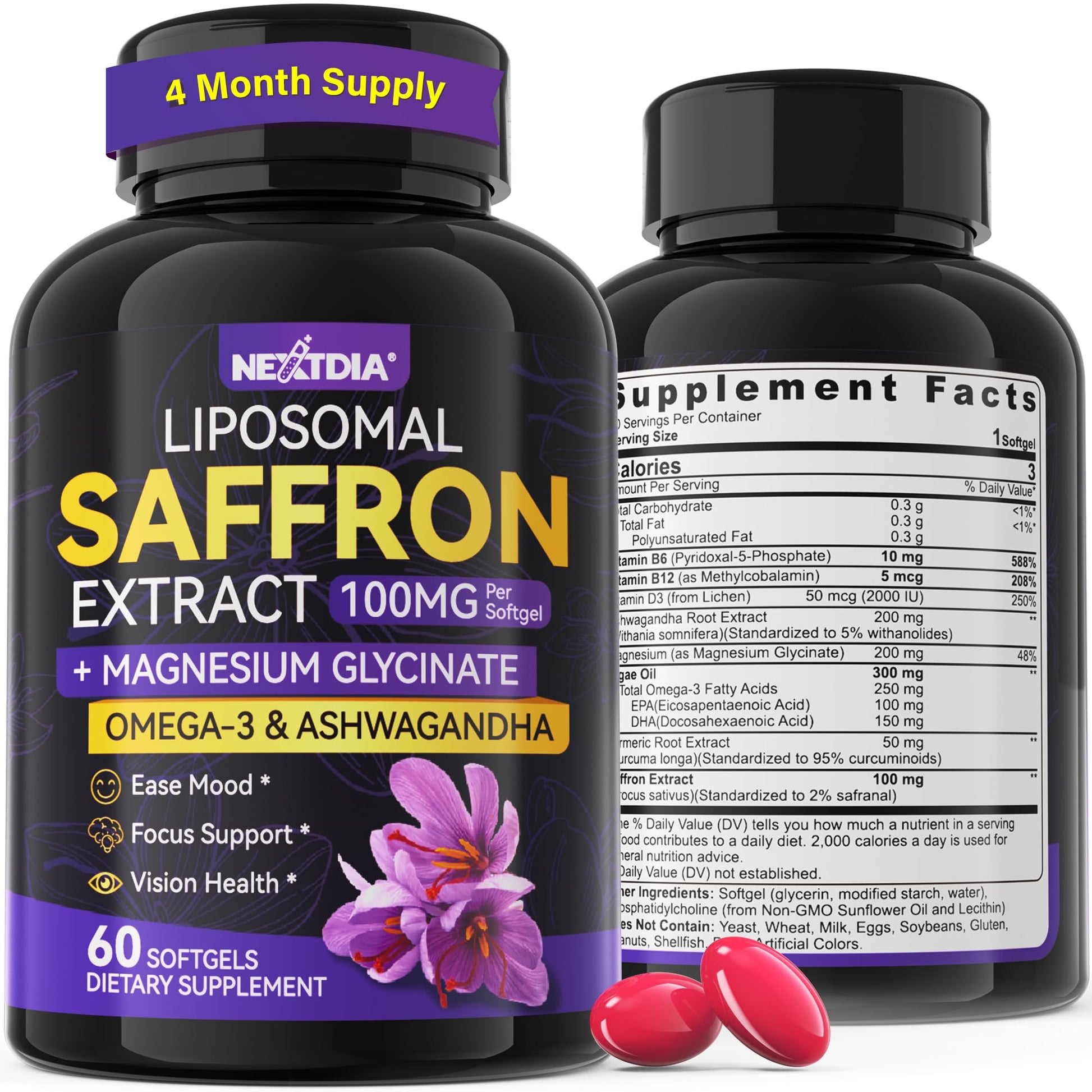 Nextdia Saffron Supplements 100mg Liposomal High Absorption 100% Pure Saffron Extract with Magnesium Glycinate, Omega-3, Turmeric, Ashwagandha, Vitamin B6, B12, D3 for Mood, Brain Softgels 120