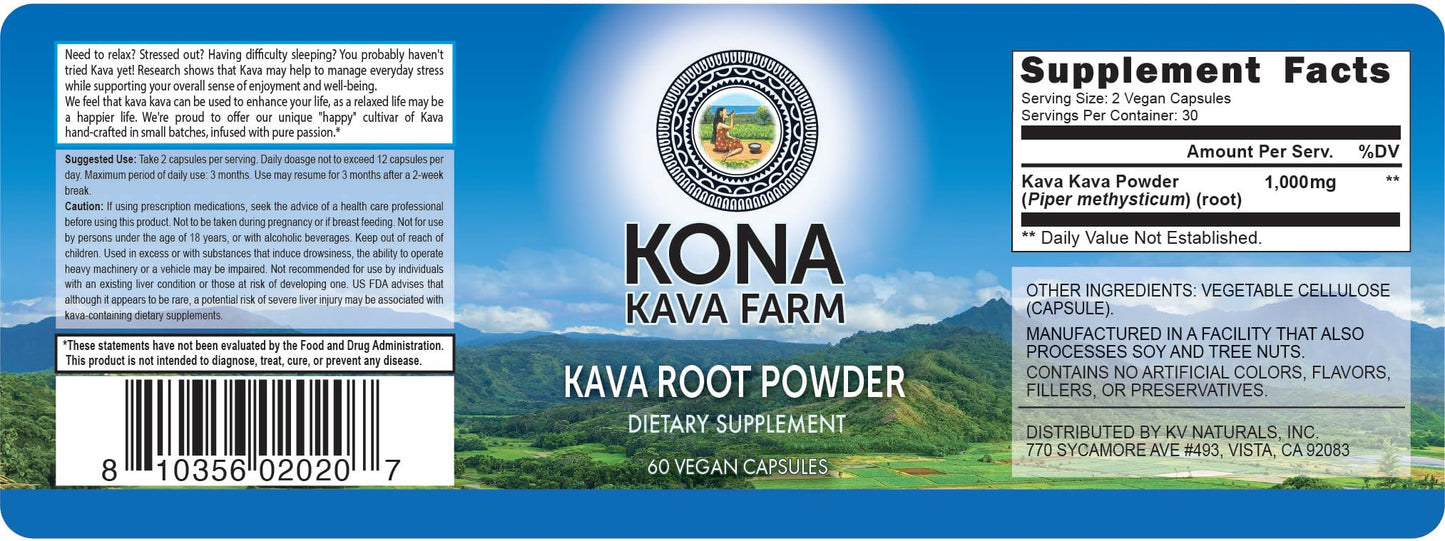 Kona Kava Farms Kava Root Extract Powder 10% Kavalactone Capsules 60 Count