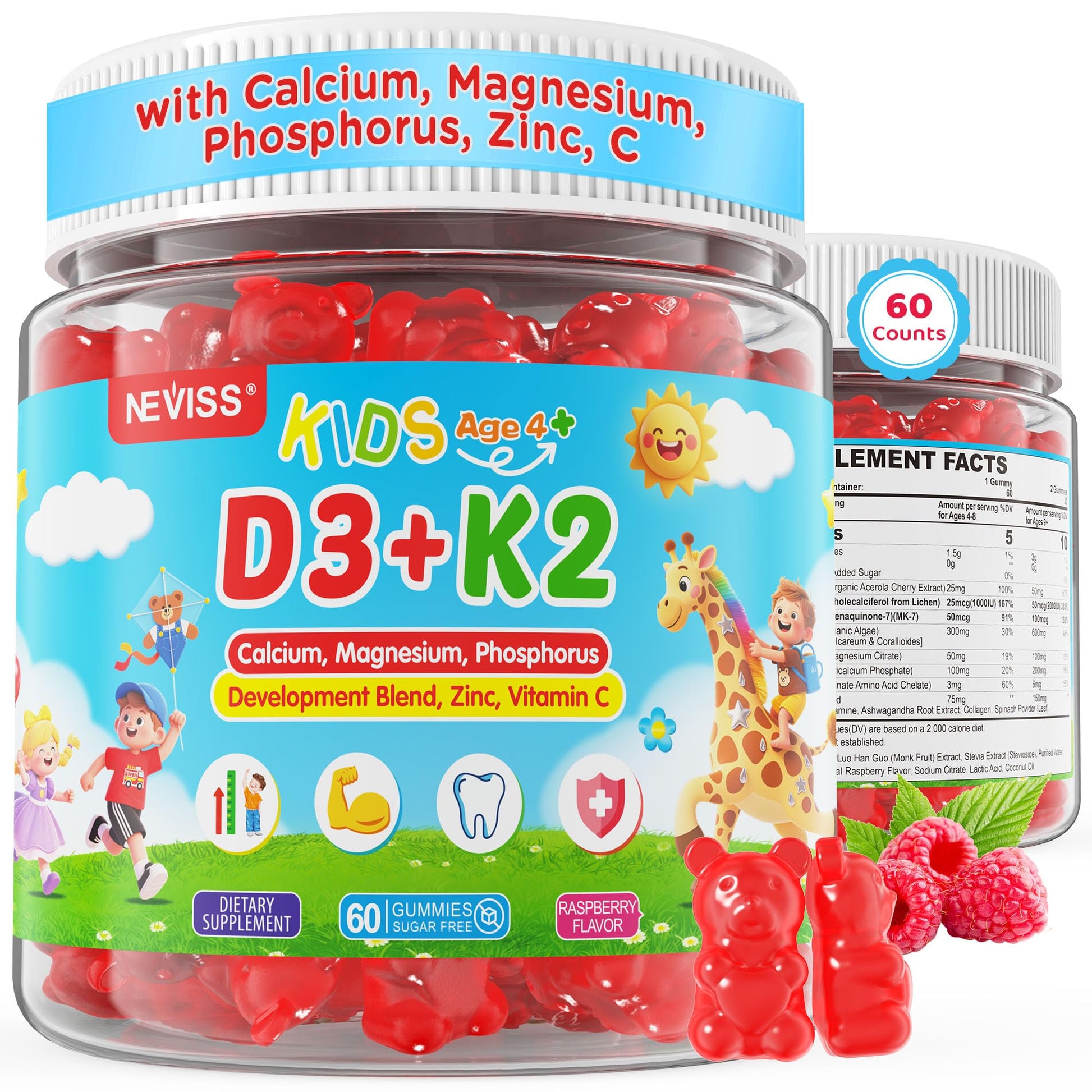 NEVISS Kids & Teens Vitamin D3 K2 Gummies + Calcium, Magnesium, Zinc, Phosphorus C, 60 Gummies