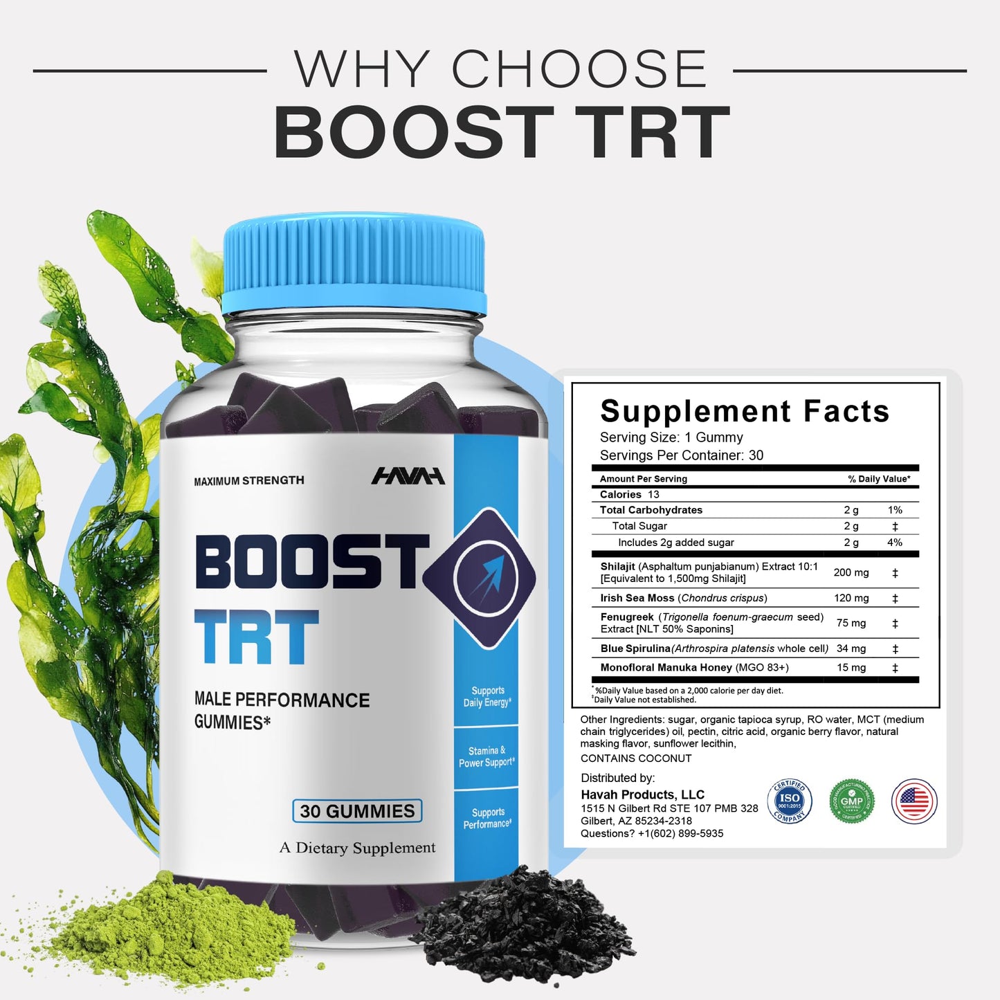 Havah Boost TRT Maximum Strength Performance Gummies, Shilajit Multivitamin Supplement, 30 Count