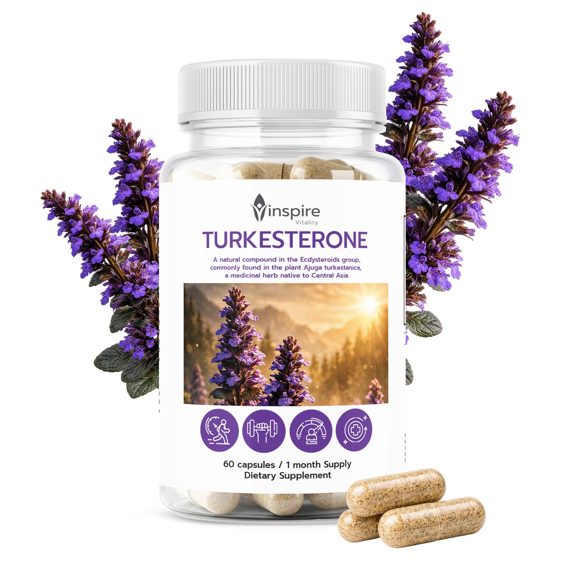 Inspire Vitality LLC Turkesterone Capsules Pure 500mg Natural Ajuga Turkestanica Extract Ecydysterone, Non-GMO, 60 Capsules