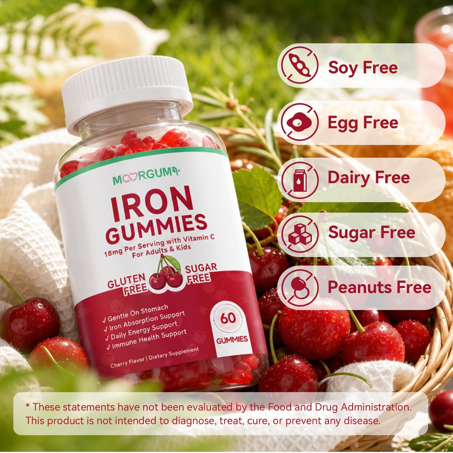 MOORGUMY Iron Gummies with Vitamin C, High Absorption 18mg Iron, Cherry Flavor, 60 Count