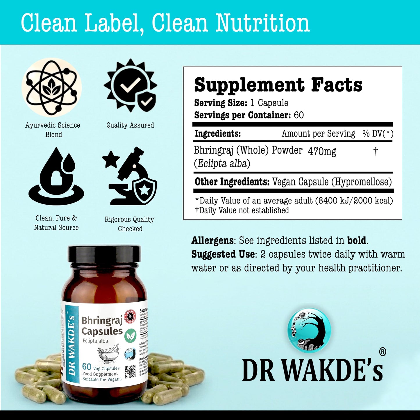 DR WAKDE's Bhringraj Capsules for Hair Growth & Liver Support, 60 Veg Caps