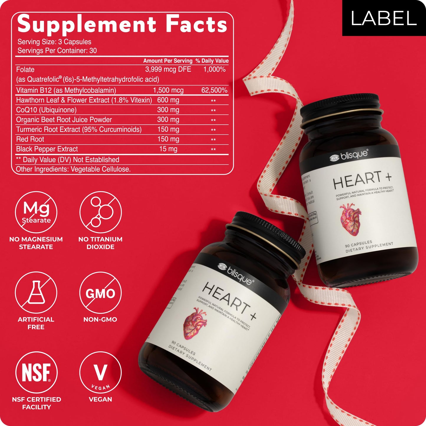 Blisque Natural Blood Pressure Support Supplement Capsules, 90 Count