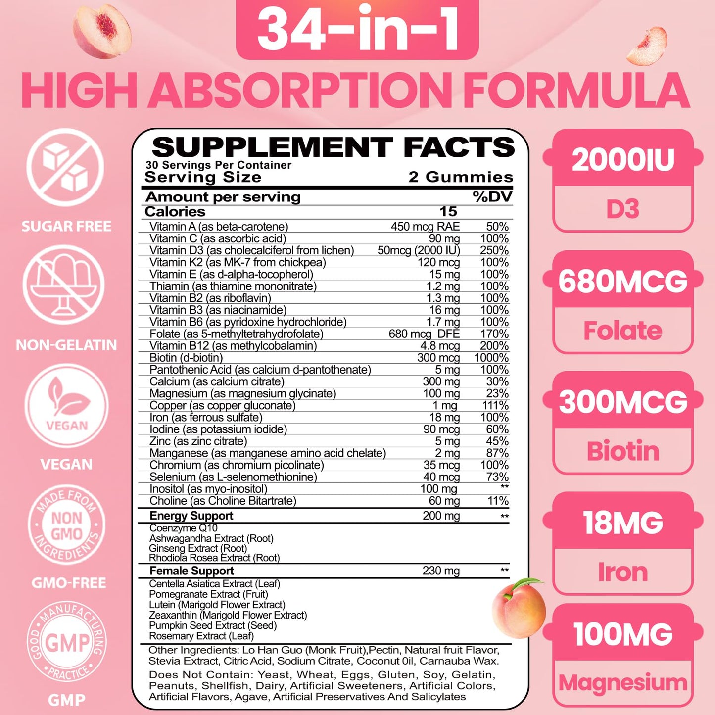 BSSTABBON Organic Women's Multivitamin Gummies 120 Count