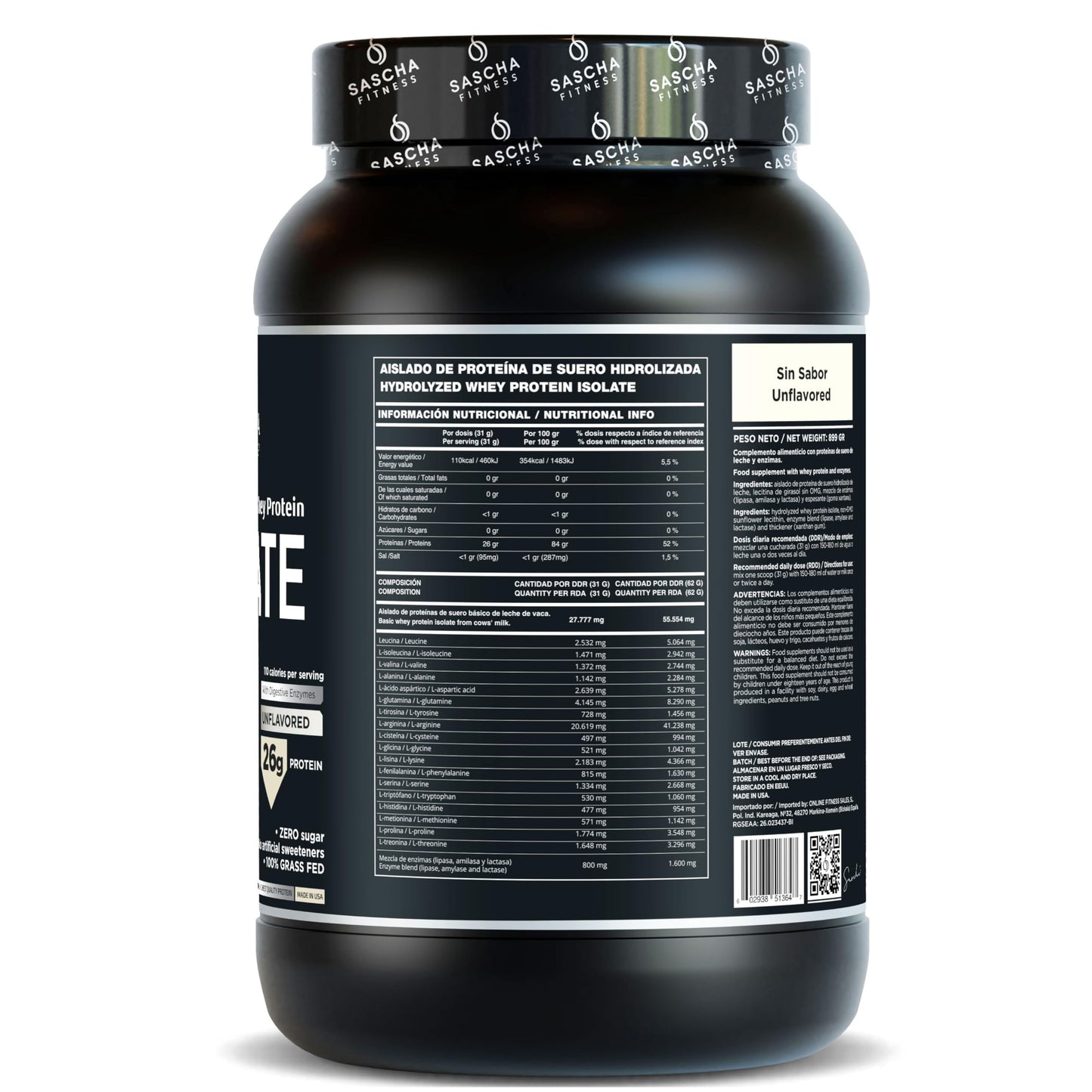 SASCHA FITNESS Hydrolyzed Whey Protein Isolate Powder, 100% Grass-Fed, Unflavored, 1.98 lb