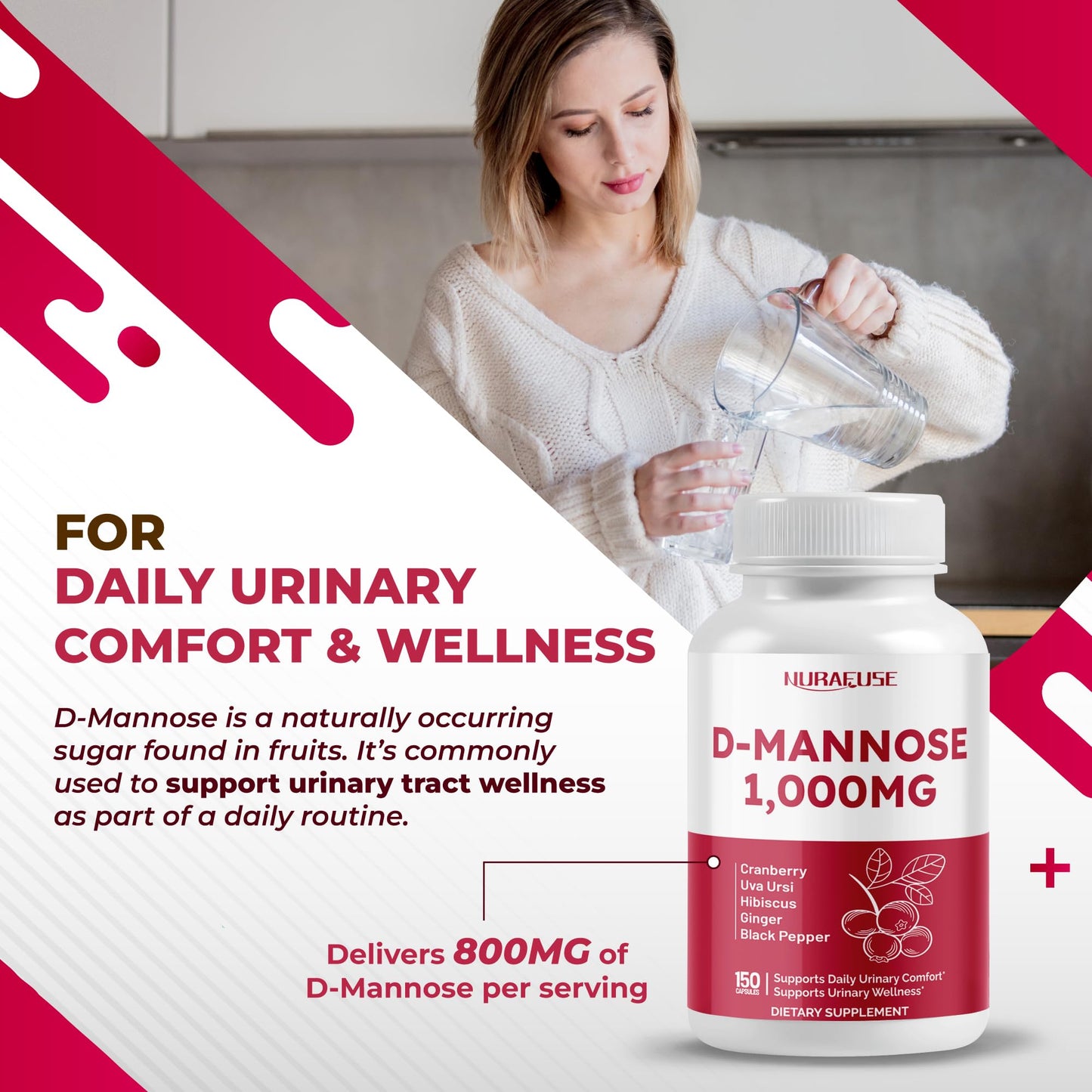 NURAFUSE D-Mannose with Cranberry, Uva Ursi, Hibiscus, Ginger, Black Pepper Capsules 150 Count