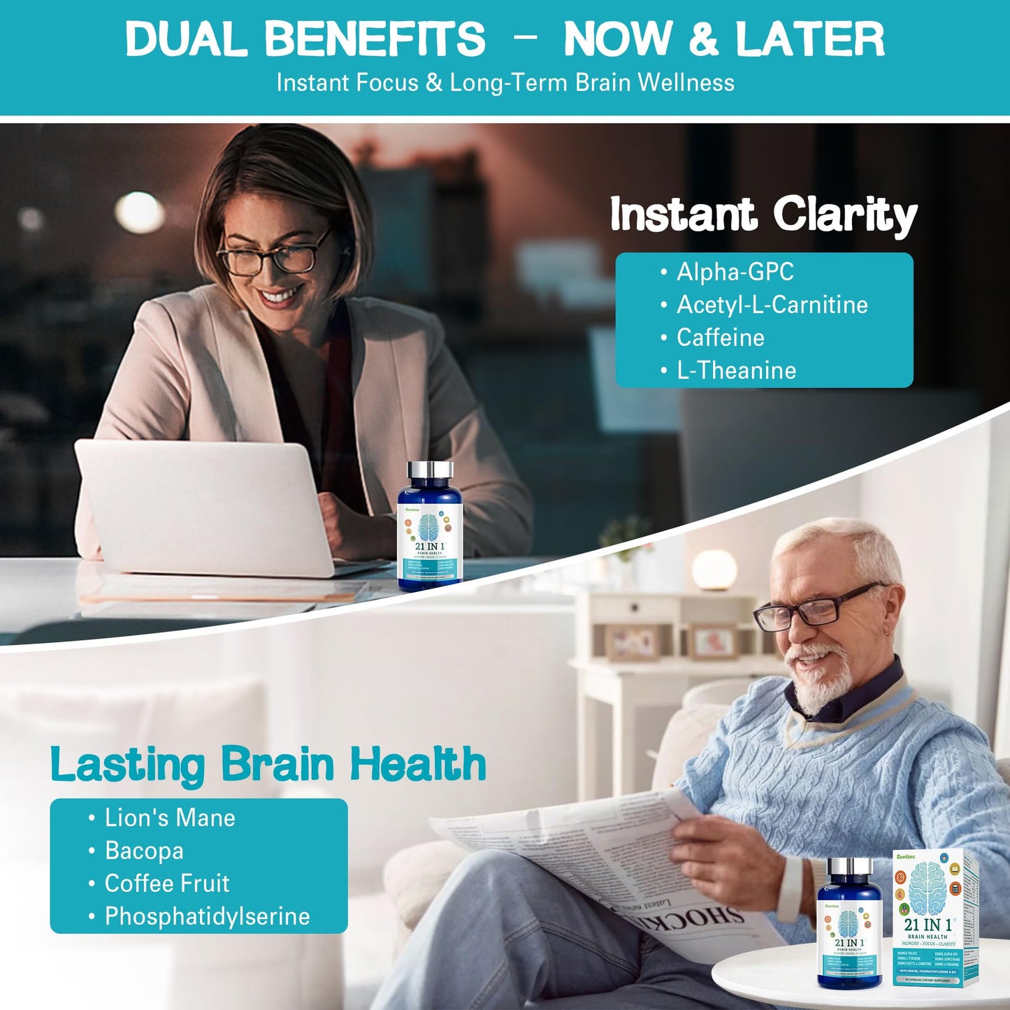 Sunthos Brain Supplements for Memory and Focus, 21-in-1 Brain Supplement for Mental Alertness, Cognitive with 300mg Alpha-GPC, 300mg Lion’s Mane, L-Theanine, Phosphatidylserine, Vitamins B6 B12, 90 Capsules