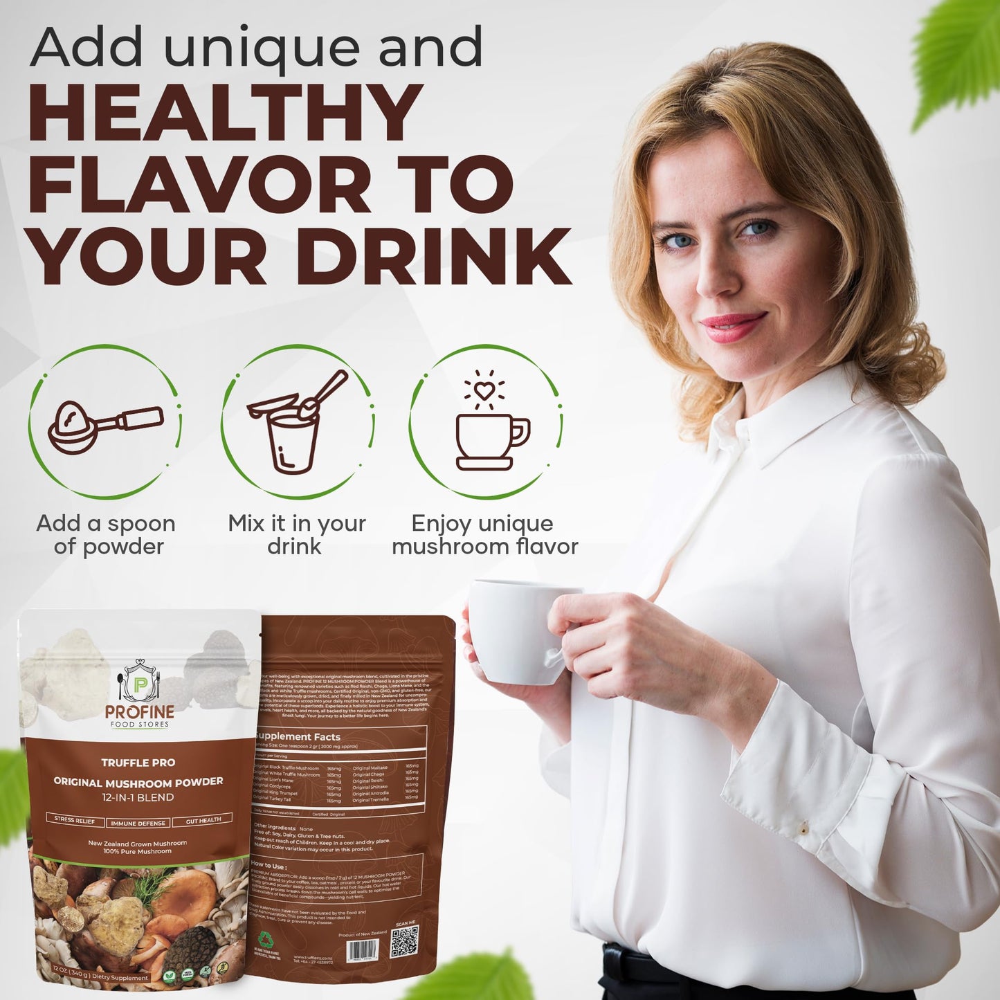 Profine Food Stores Truffle PRO Mushroom Powder 12-in-1 Super Blend with Black Truffle and White Truffle - USDA Organic - Powder, 12 oz