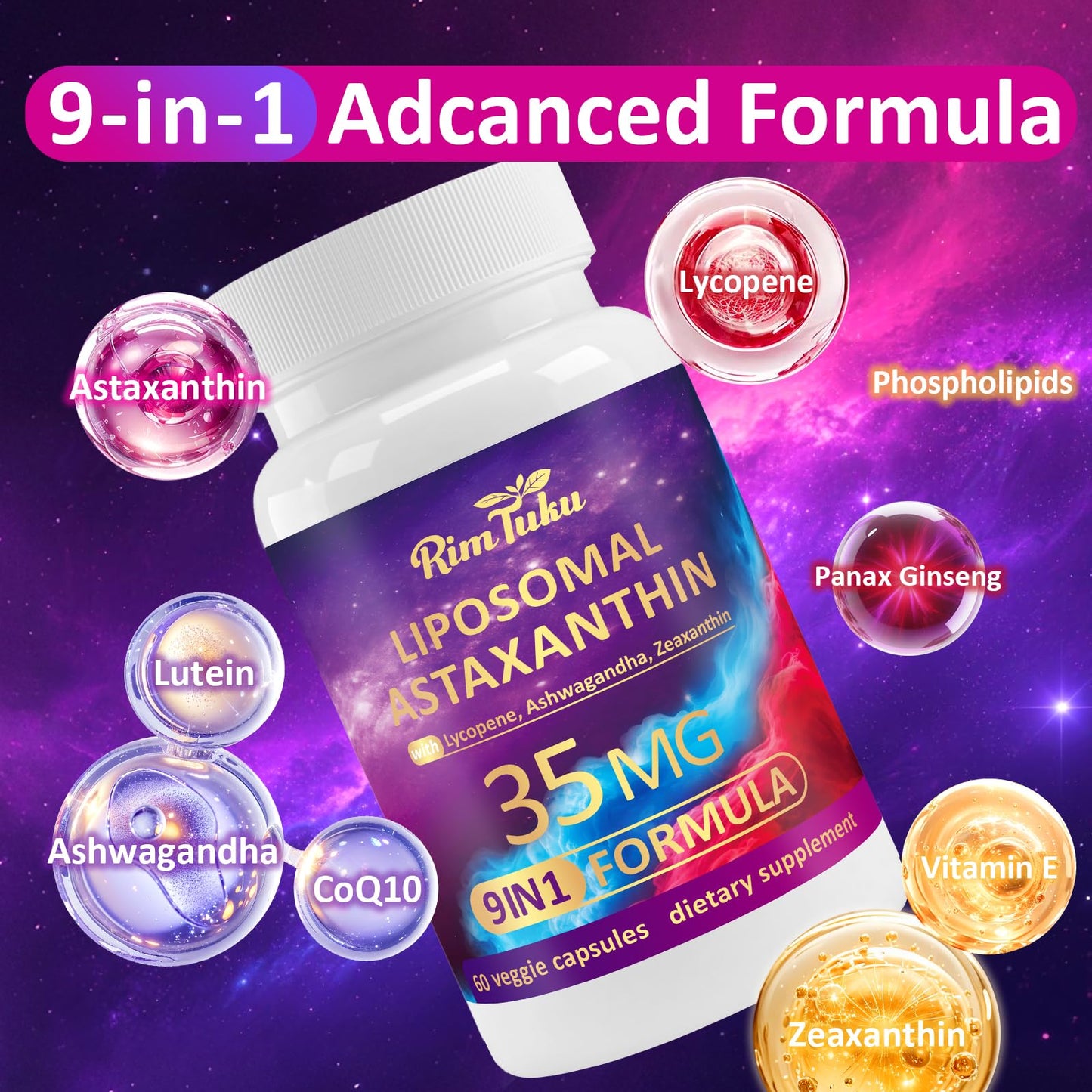 RimTuku Liposomal Astaxanthin Complex 9-in-1 with Ashwagandha, Lycopene, Zeaxanthin, Antioxidant Support for Eye, Skin & Joint Health Capsules 60 Count