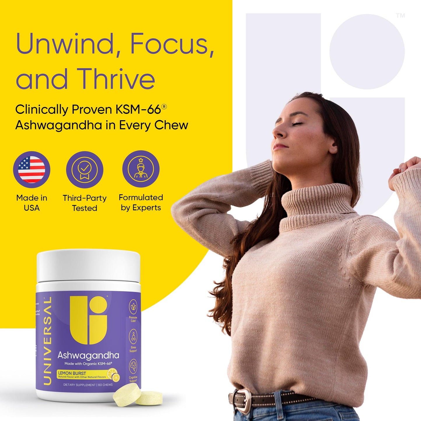 Universal U Calm + Focus Ashwagandha Tablet, 60 Count