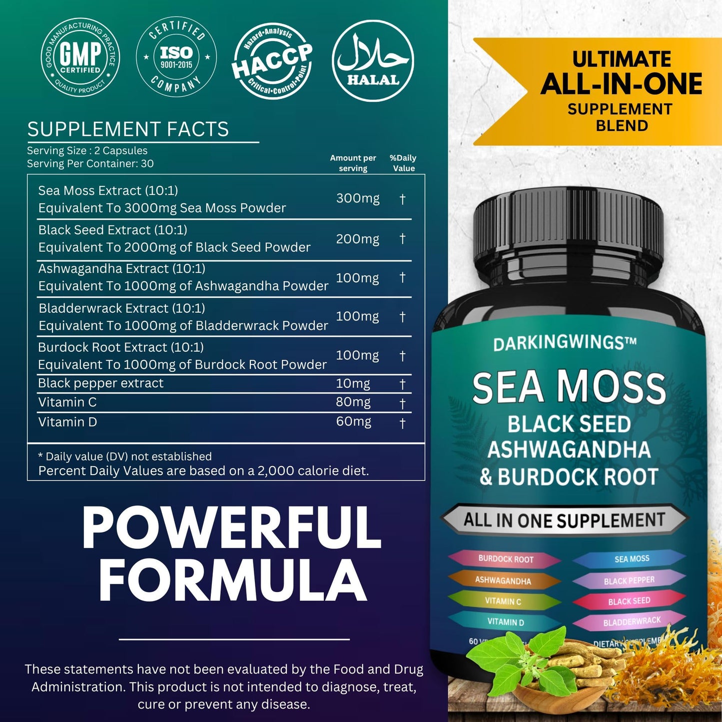 Darkingwings Organic Sea Moss Black Seed Oil Capsules 60 Count