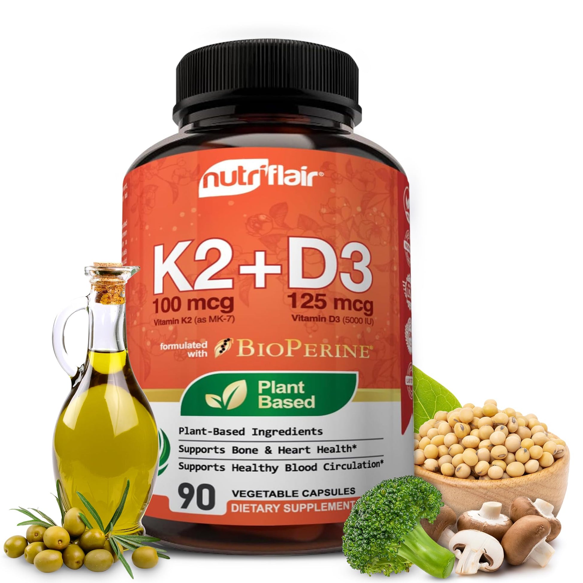 NutriFlair Vitamin D3 (5000iu/125mcg) + K2 (Mk7) Capsules, 90 Count