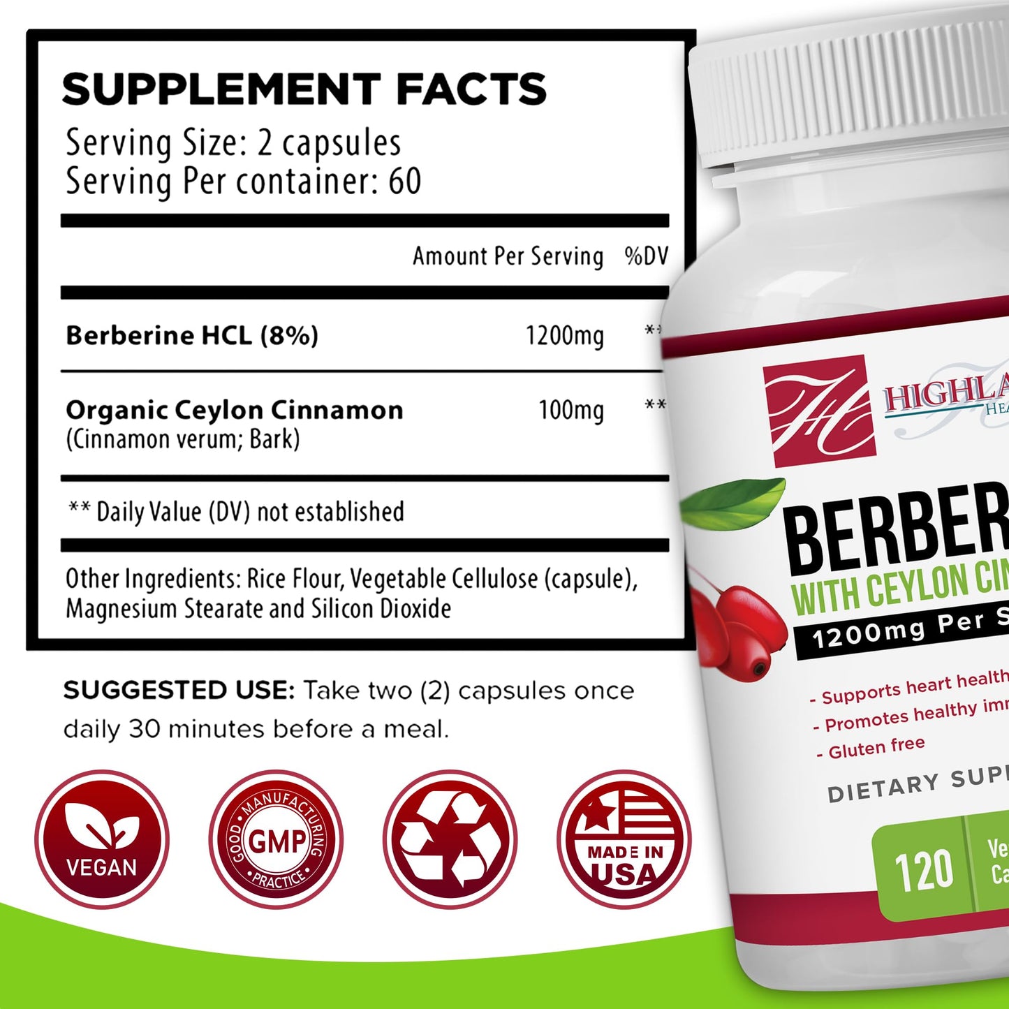 Highland Health Foods Berberine with Ceylon Cinnamon 1200 mg, Berberine HCL and Cinnamon for Blood Sugar and Metabolic Support, Capsules, 120
