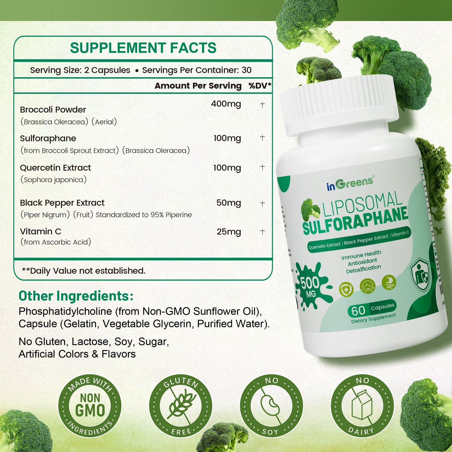 inGreens Liposomal Sulforaphane 500mg Supplement, 60 Capsules