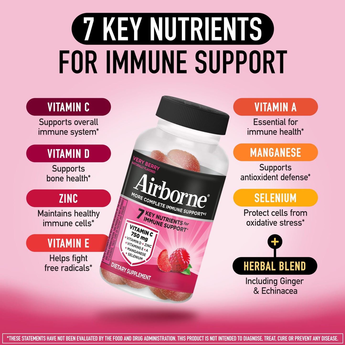 Airborne Vitamin C 750mg Gummies, Very Berry Flavor, 21 Count