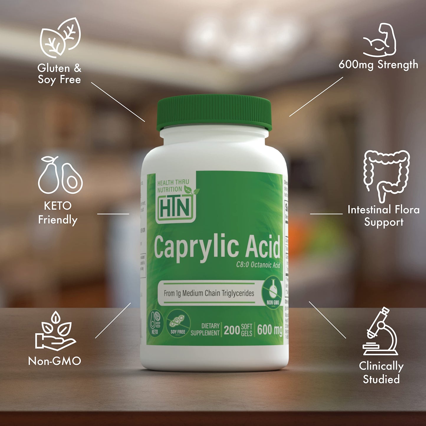 Health Thru Nutrition Caprylic Acid 600mg Softgels, 200 Count