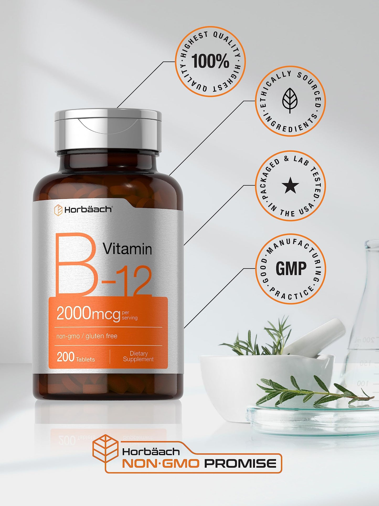 Horbäach B12 Vitamin 2000 mcg Tablets, 200 Count