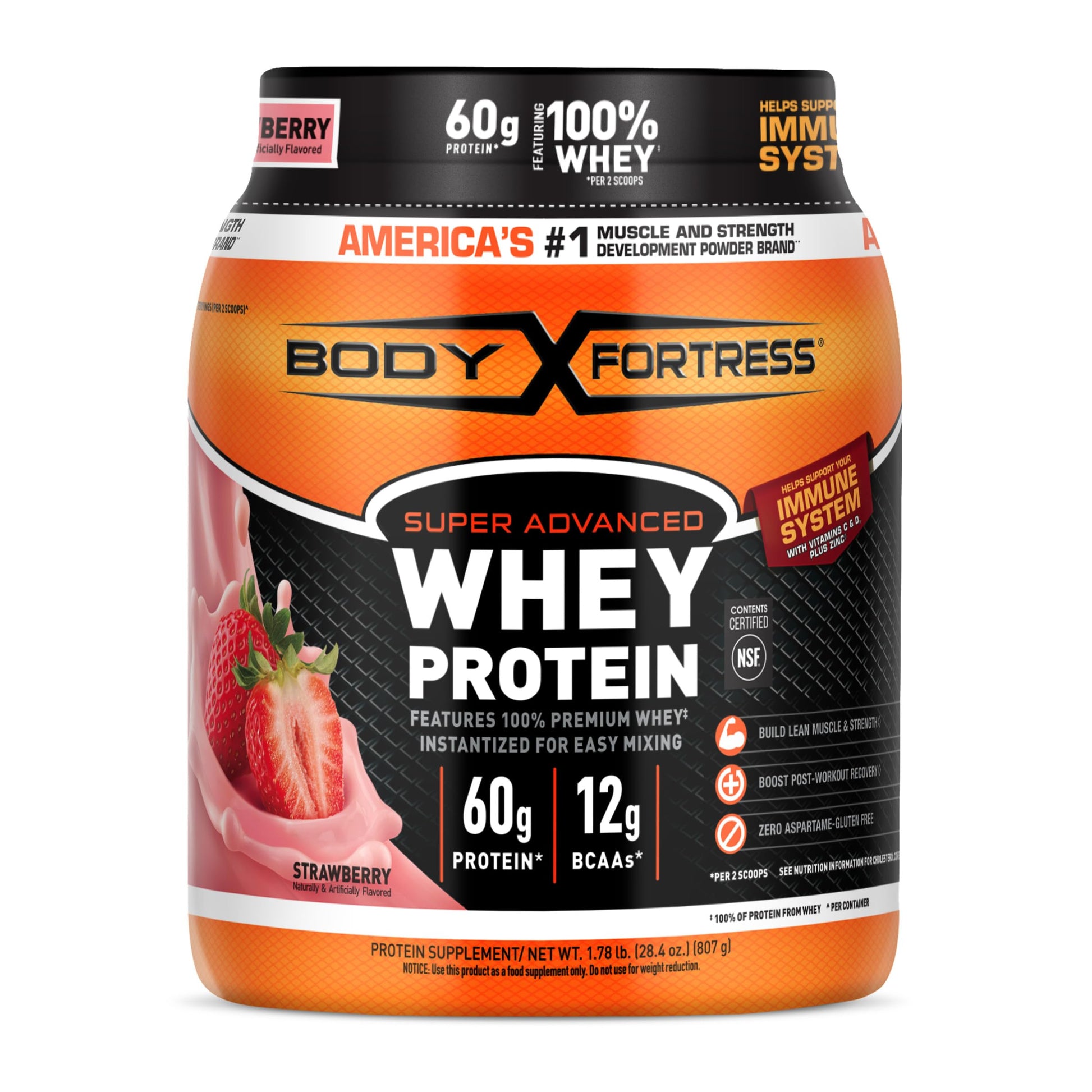 Body Fortress Super Advanced Whey Protein Powder Strawberry, 28.4 oz
