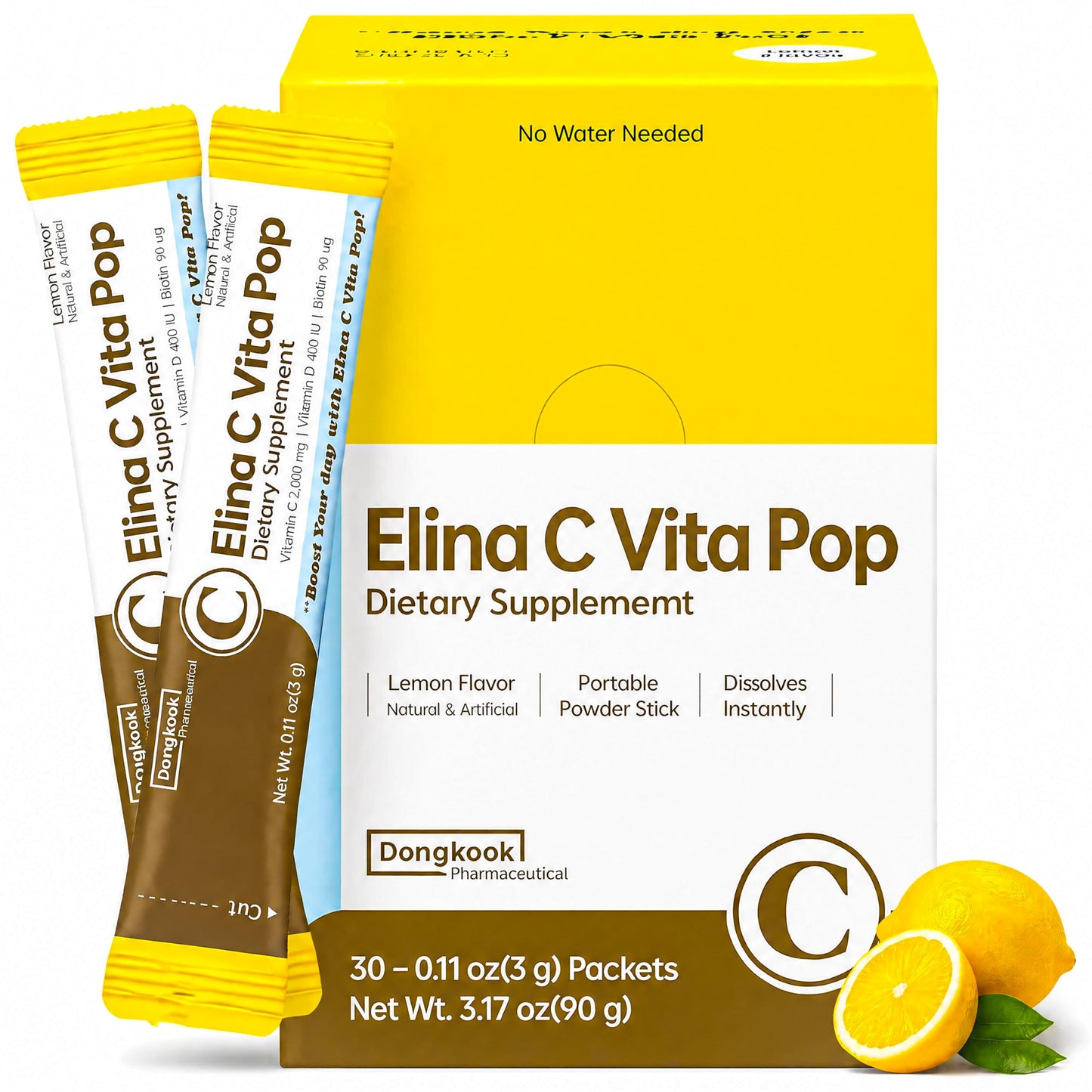 DONGKOOK Vita Pop Vitamin C Powder 2000mg, Zero Sugar, Vitamin D & Biotin, Lemonade Flavor, 30 Packets