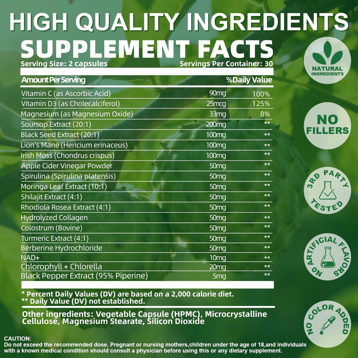 ZWR Soursop Capsules 24 in 1 with Sea Moss, Lion's Mane, Shilajit & Berberine, Soursop Graviola Supplement with Vitamin C, D3 & Magnesium, Immune & Digestive Wellness Support, 60 Capsules