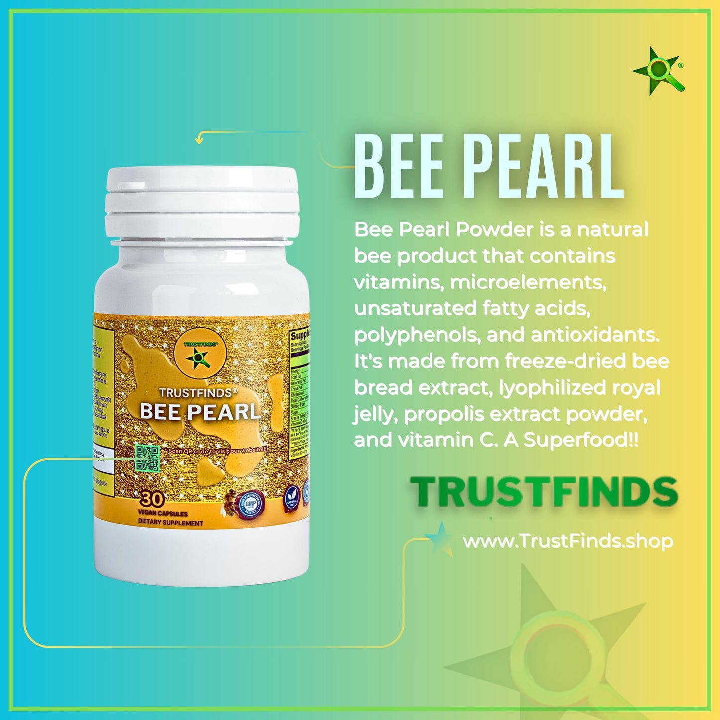 TrustFinds Bee Pearls Natural Immunity & Vitality Support, Bee Bread Extract + Vitamin C, Non-GMO Bee Pollen Capsules, 90 Capsules