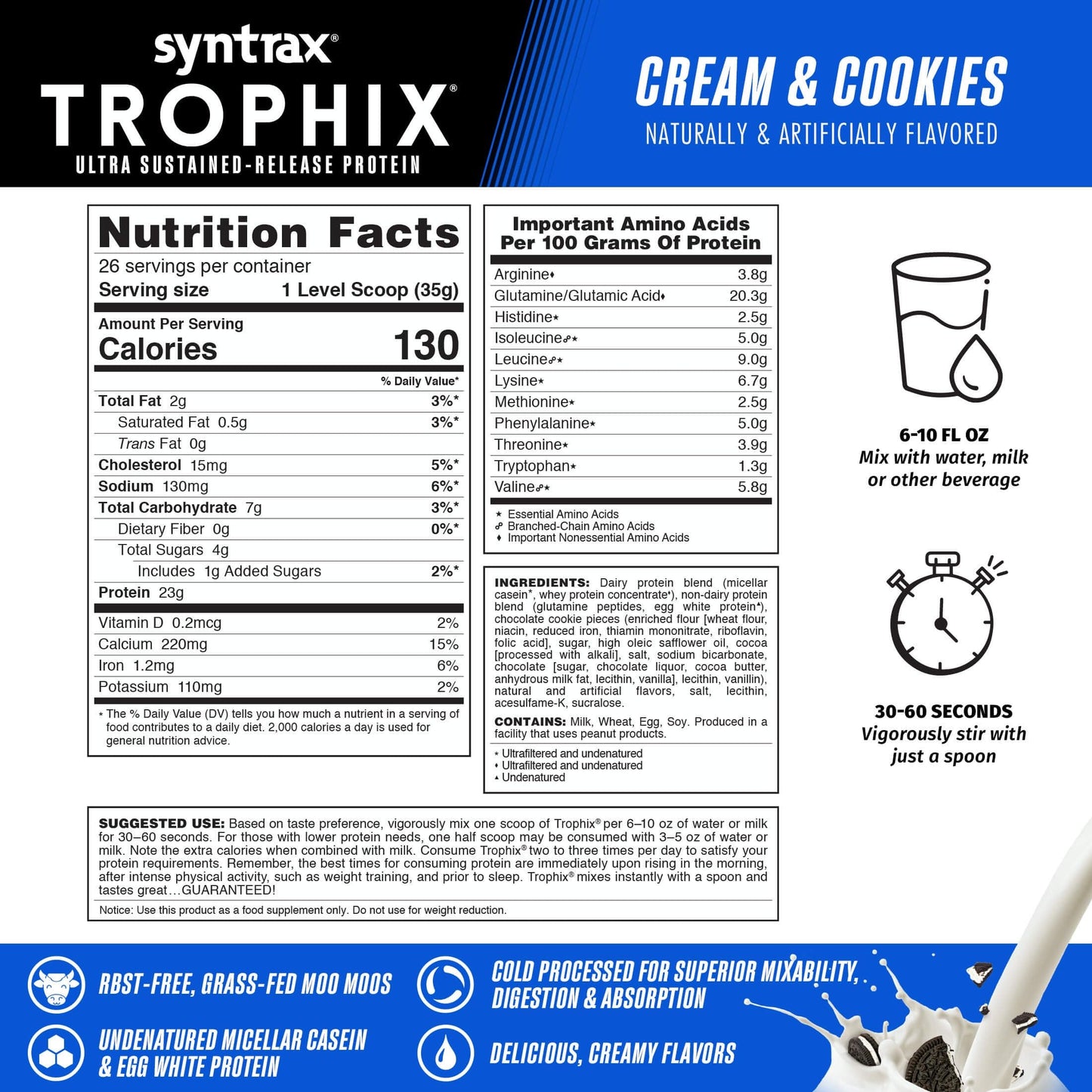 Syntrax Trophix Ultra Sustained-Release Protein Powder Blend Real Cookie Pieces Cream & Cookies, 32 Servings, 2 lbs