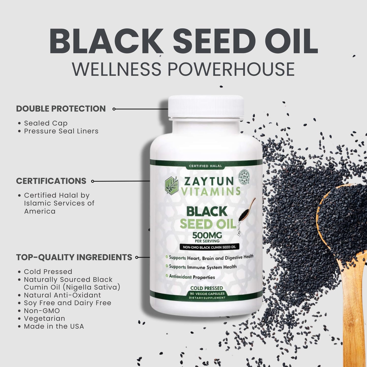 Zaytun Vitamins Halal Black Seed Oil Capsule, 90 Count