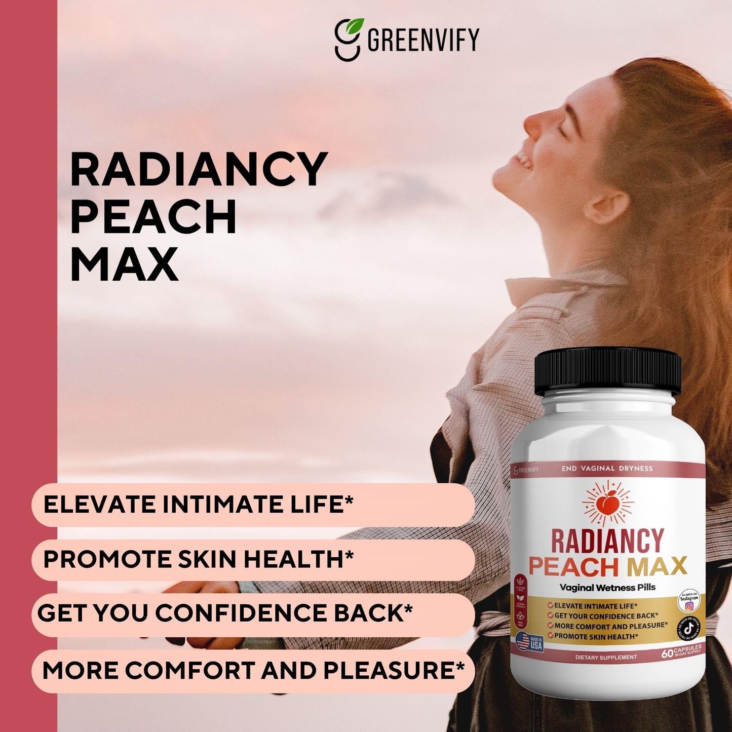 GREENVIFY Radiancy Peach Max Vaginal Wellness Supplement Capsules, 180 Count