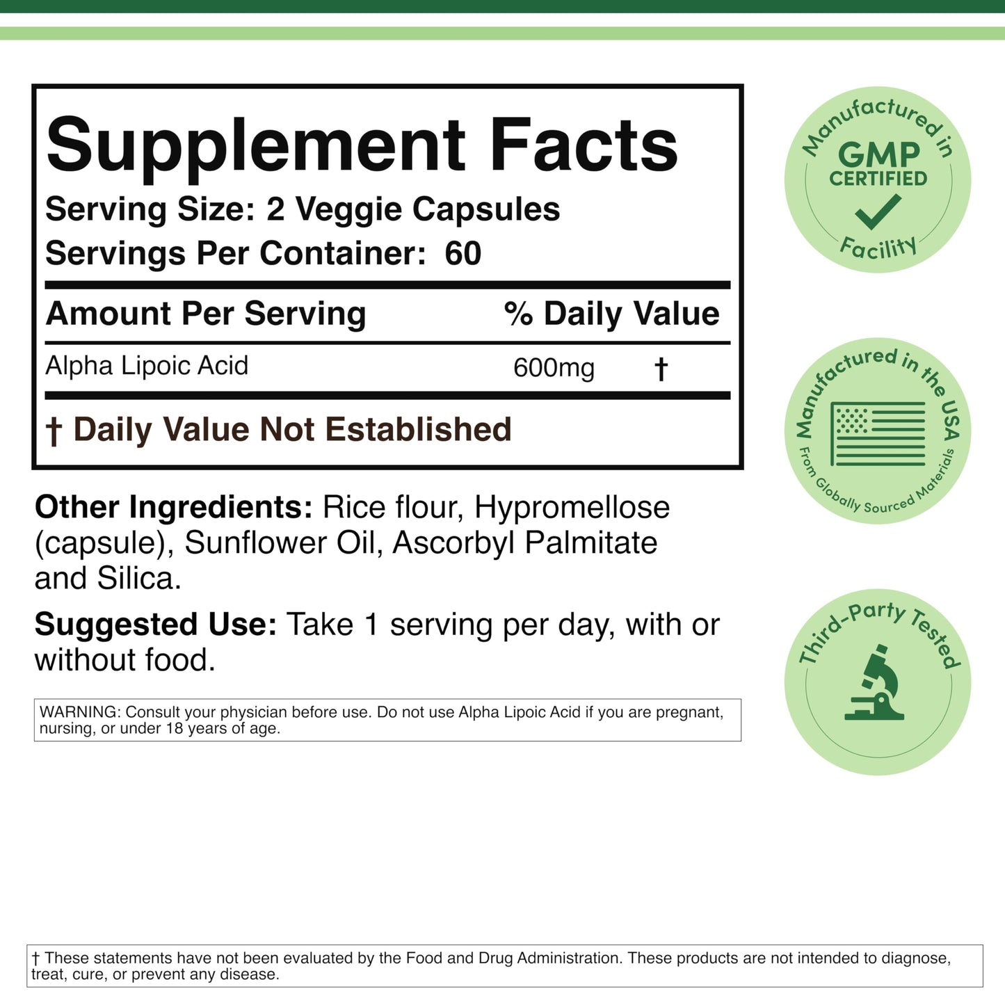 Double Wood Supplements Alpha Lipoic Acid 600mg per Serving Capsule, 120 Count