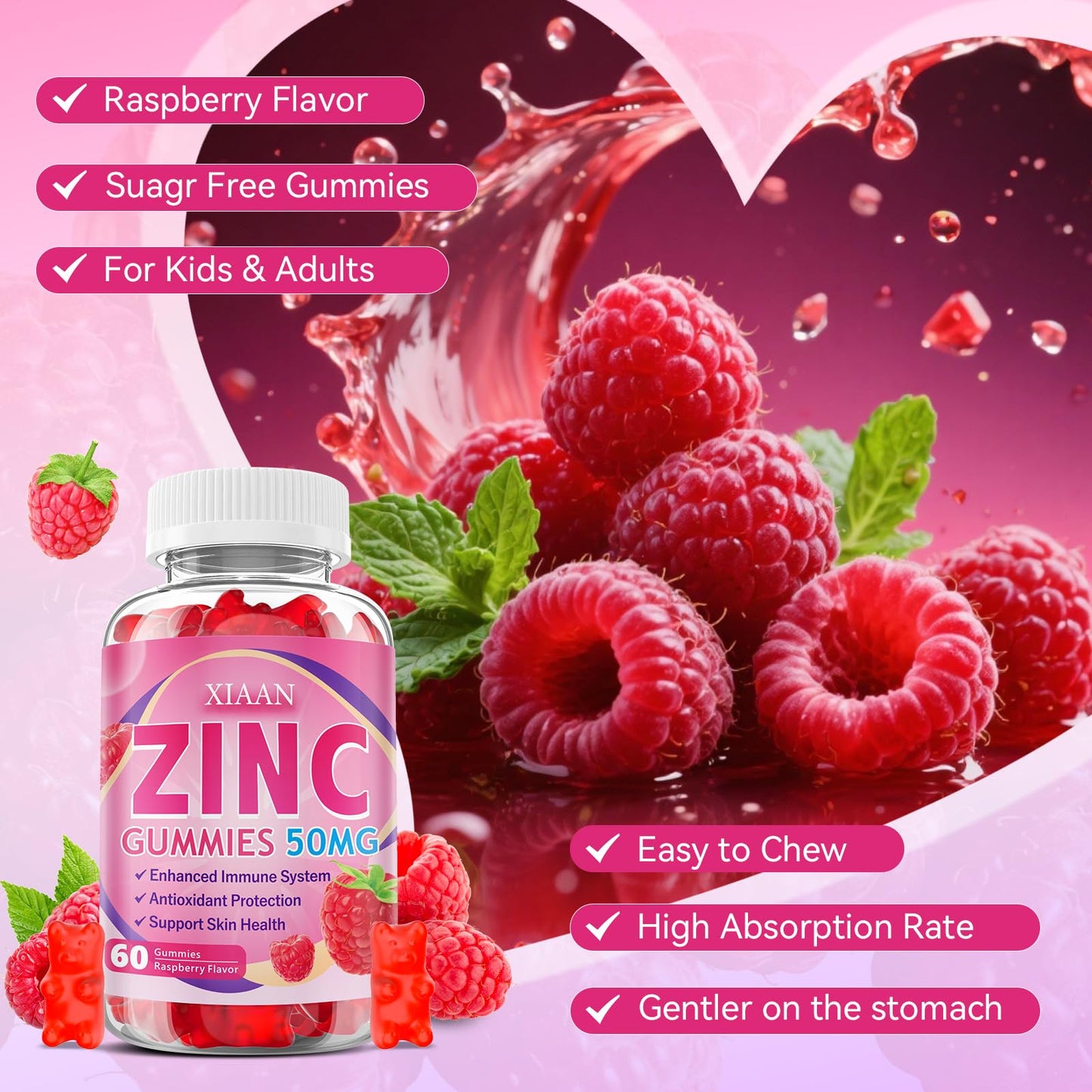 XIAAN Zinc Picolinate Gummies 50mg for Kids & Adults, Raspberry Flavor, 60 Count