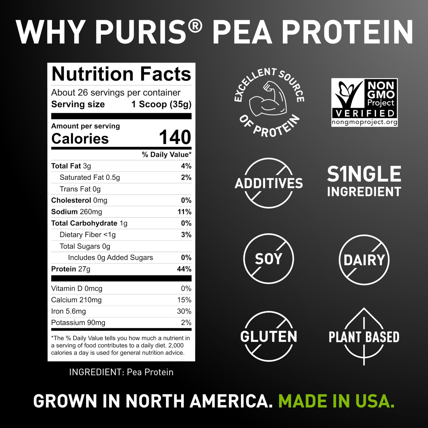 PURIS Pea Protein Powder, 32 Servings, 2 lb