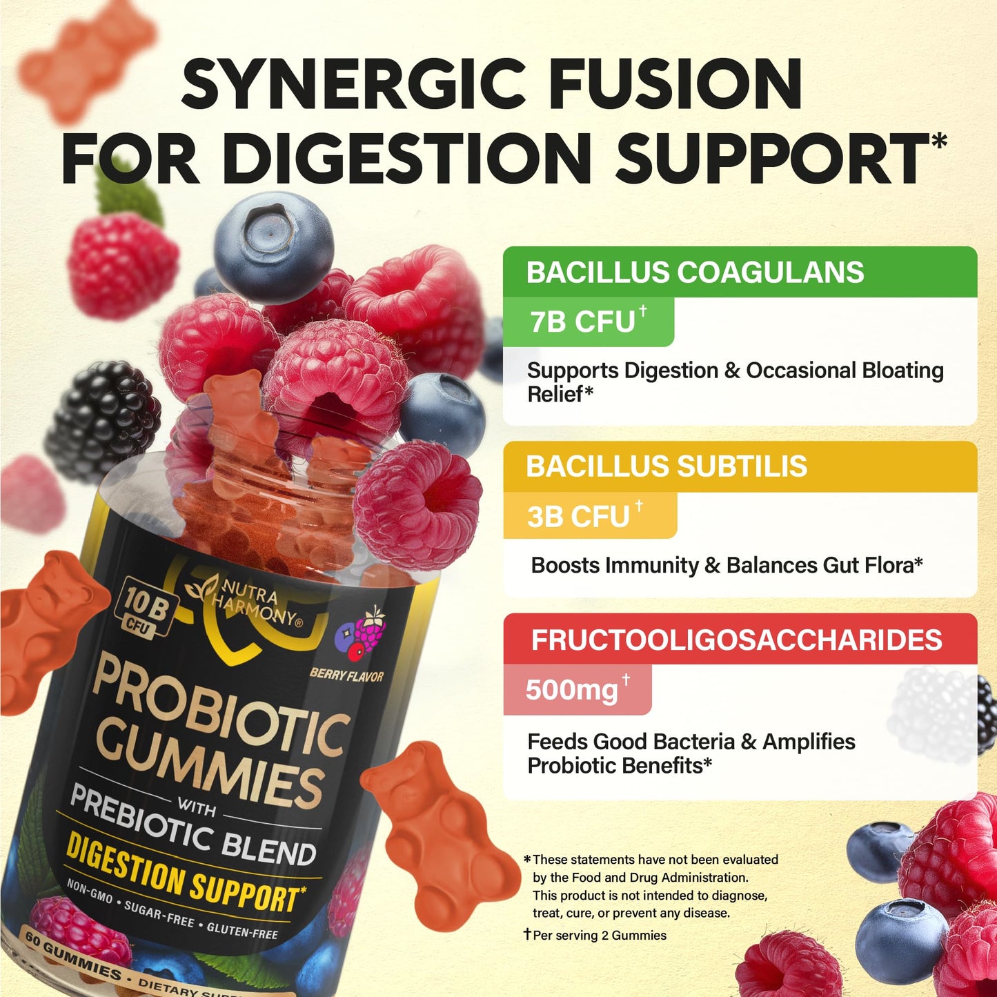 NutraHarmony Probiotic Gummies 10B CFU with Prebiotic Fiber for Digestion & Immune Support, Natural Berry Flavor, Vegan & Sugar-free, 60 Gummies