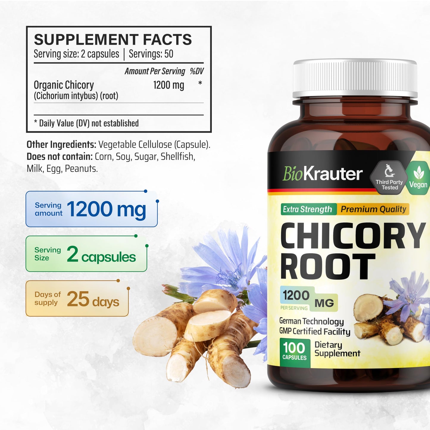 BIO KRAUTER Chicory Root for Gut & Digestive Support Capsules, 100 Count