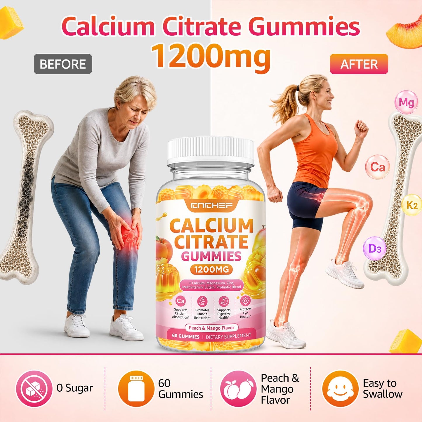 CNCHEF Calcium Gummies 1200mg, 60 Count