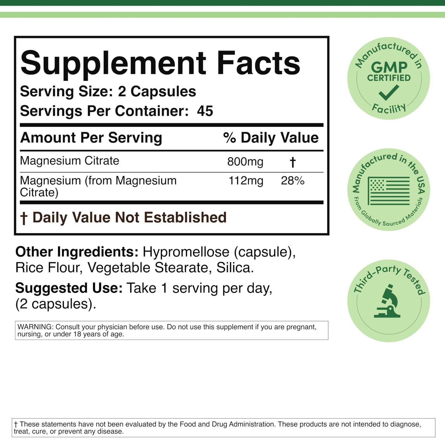 Double Wood Supplements Magnesium Citrate 800mg Capsules 90 Count