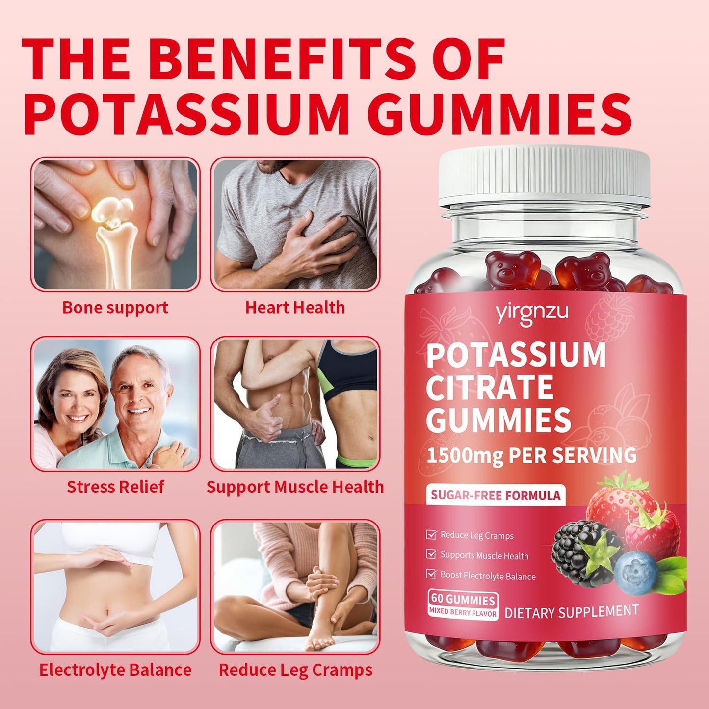 Yirgnzu Potassium Citrate Gummies 1500mg, Potassium Supplement for Women & Men, Vegan, Mixed Berry Flavor, 60 Count